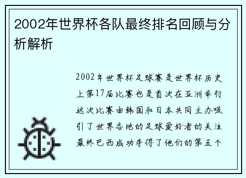 2002年世界杯各队最终排名回顾与分析解析