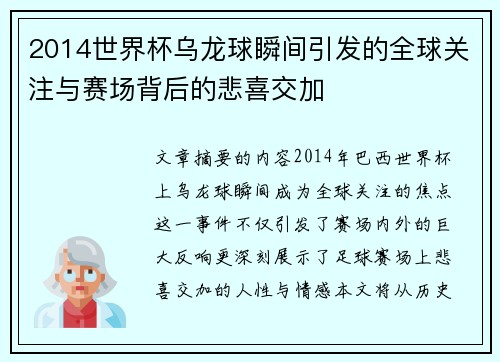 2014世界杯乌龙球瞬间引发的全球关注与赛场背后的悲喜交加