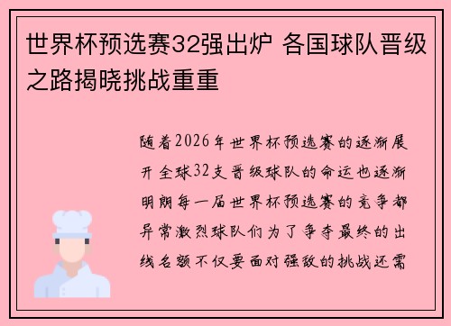 世界杯预选赛32强出炉 各国球队晋级之路揭晓挑战重重