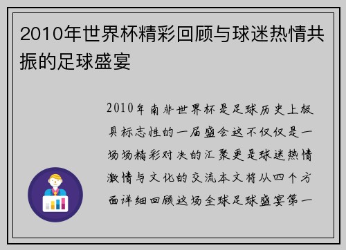 2010年世界杯精彩回顾与球迷热情共振的足球盛宴
