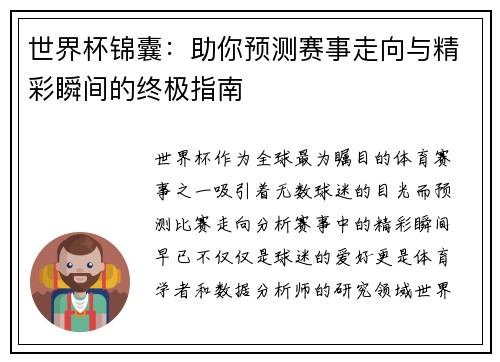 世界杯锦囊：助你预测赛事走向与精彩瞬间的终极指南