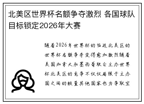 北美区世界杯名额争夺激烈 各国球队目标锁定2026年大赛